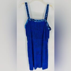 FLAPPER Costume Blue Fringe Sequined Dress - Adult Standard Roaring 1920's